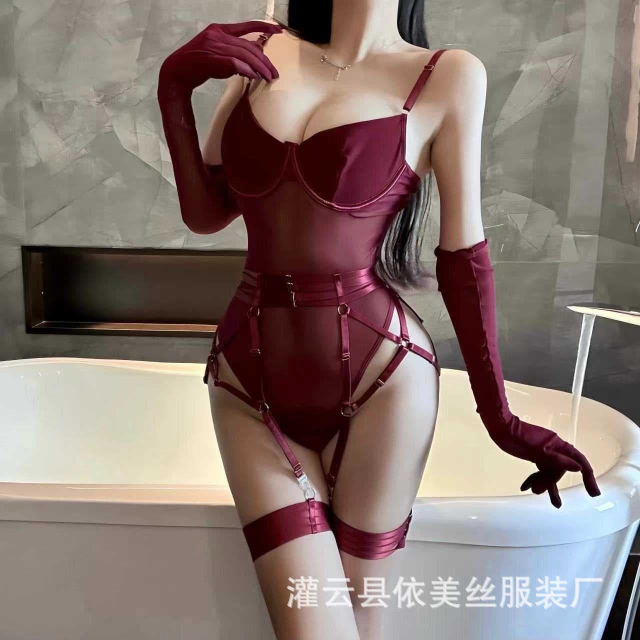 Man for Sex Lingerie Women's Perspective Sexy Jumpsuit Mesh Stitching Bra Suit Body Shaping Strap with Gloves