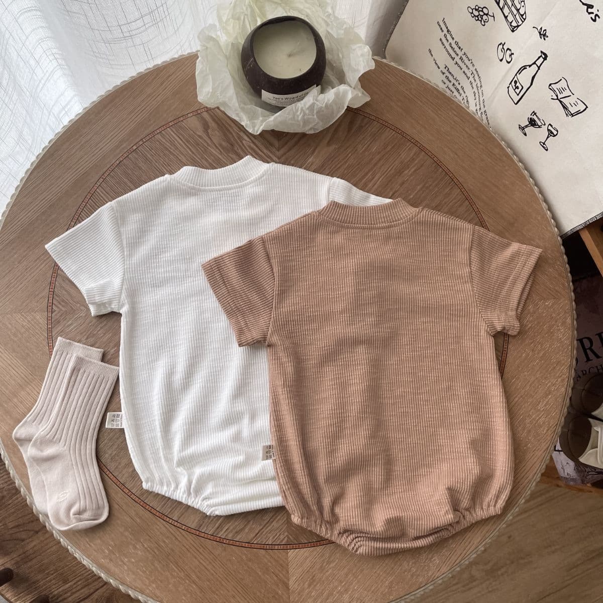Korean Style Baby Cotton Bodysuit for Boys and Girls, Summer Breathable Short Sleeve Minimalist Ribbed One-Piece Romper, Brown