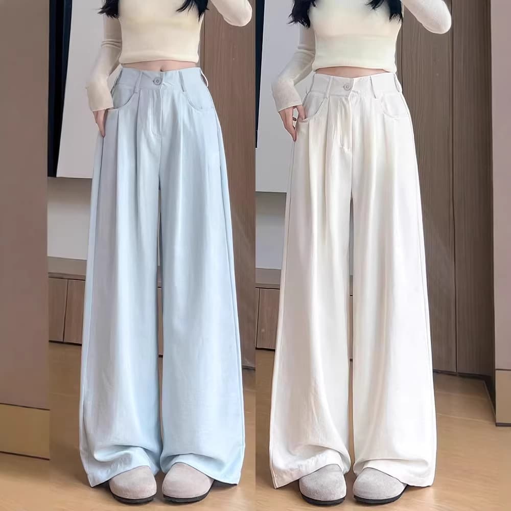 Haze Blue Creamy Suit Pants Women Spring 2026 New High Waist Slimming Casual Loose Ice Silk Drape Wide Leg Pants