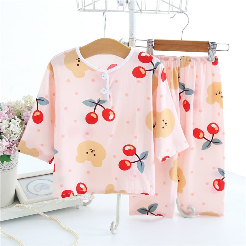 Children's Cotton Silk Pajamas Summer Thin Long Sleeve Cotton Silk Baby Boys Girls Loungewear Air Conditioning Clothes Dropshipping