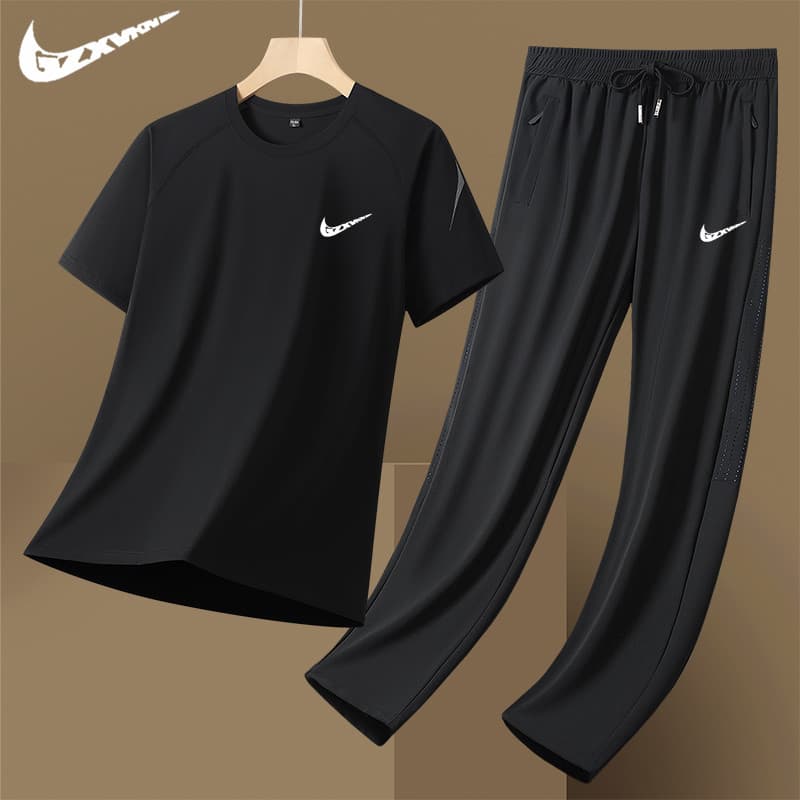 2026 Summer Sport Set Men's Fashion Casual Ice Silk Short Sleeve Long Pants Set Nylon Quick Dry Men's Two-Piece Set