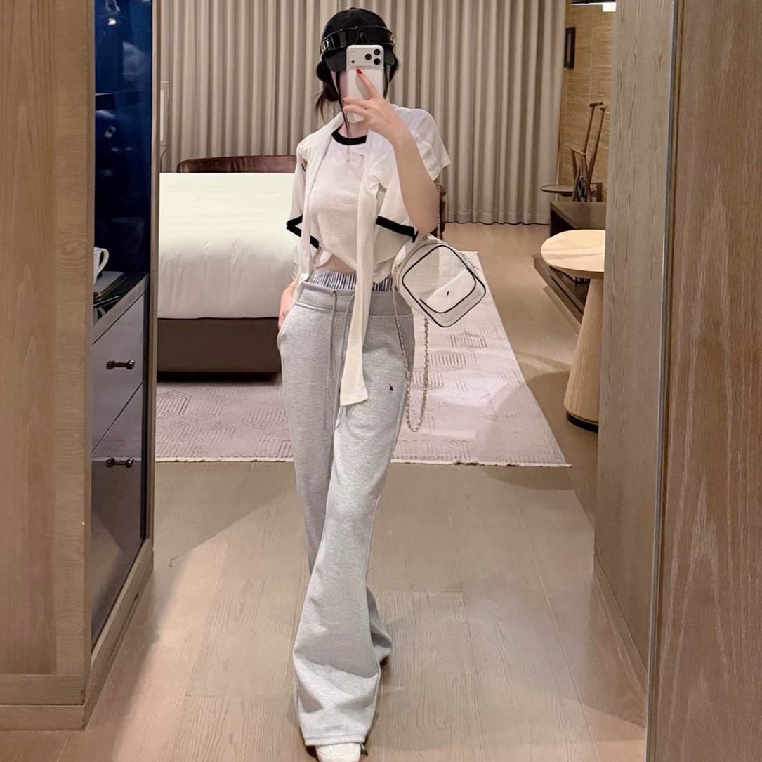 High-Quality RL Ralph Lauren Embroidered Pony Logo Contrast Stripe Double Waistband Casual Long Pants for Women, Versatile High-Waist Sweatpants
