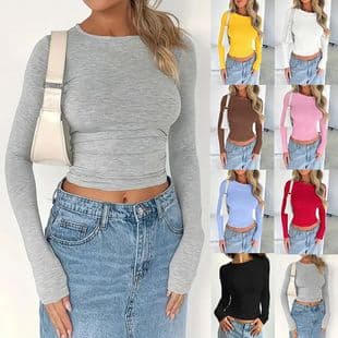 Slim Fit Round Neck Short Long Sleeve Top for Women