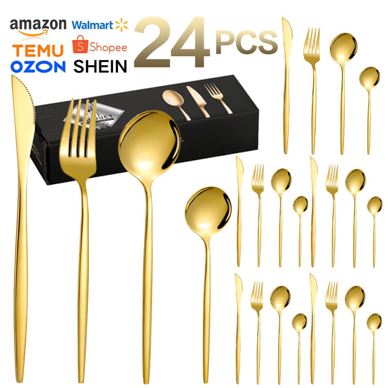 Amazon Portuguese stainless steel tableware 24-piece hotel Western tableware steak knife and fork gold knife, fork and spoon set