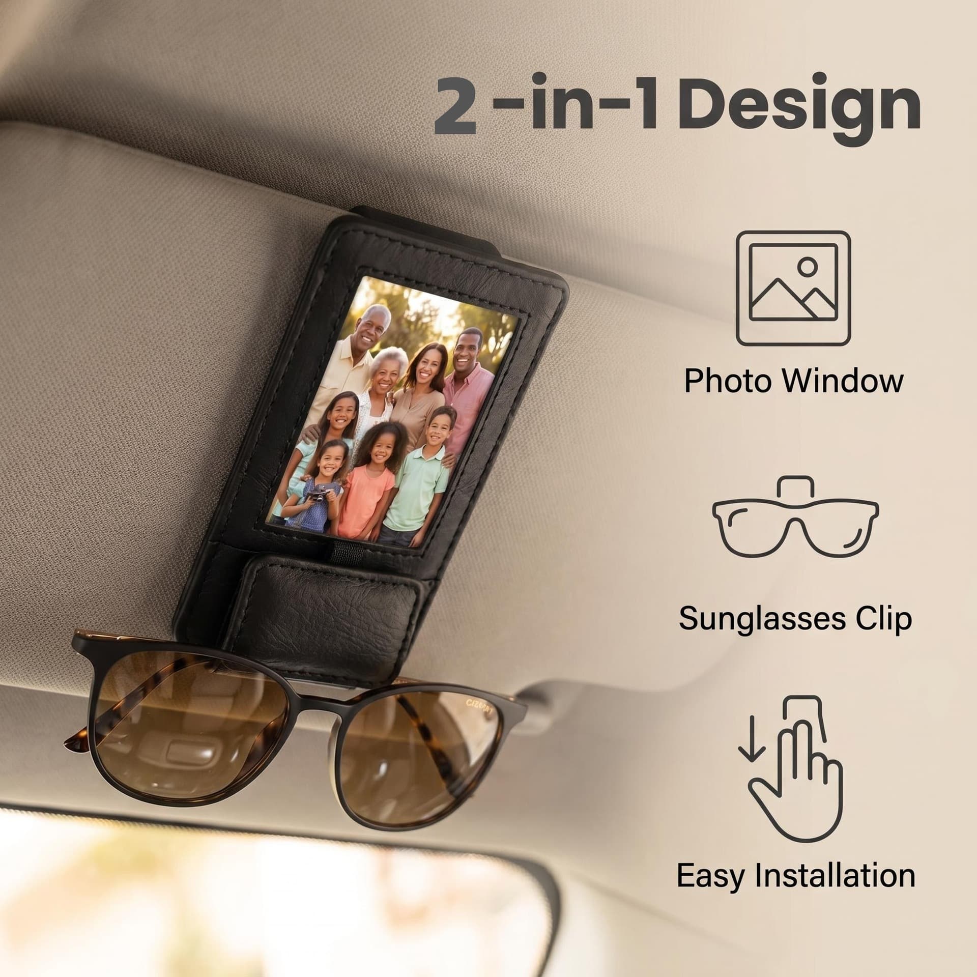 Leather Car Sunglasses Clip, 2-in-1 Sun Visor Sunglasses Holder and Ticket Organizer, Car Sun Visor Storage Clip