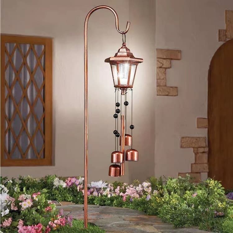 Solar Hanging Lantern with Shepherd Hook Bell Solar Wind Chime Light for Garden Yard Decoration