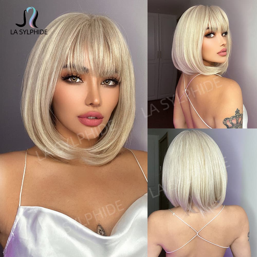 Natural Looking Short Bob Hair Wig for Women Full Head Cover Style Gold Color Fake Hair Mechanism Processed Can Be Dyed And Permed