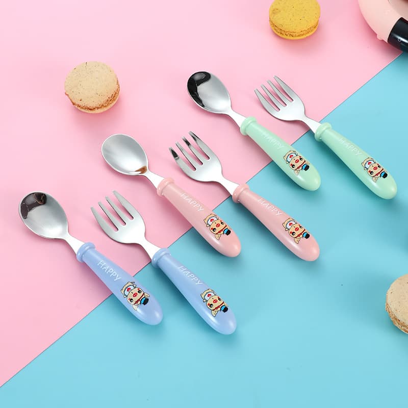Cartoon 304 Stainless Steel Children's Spoon and Fork Set, Portable Self-Feeding Utensils for Outdoor Travel and Kindergarten