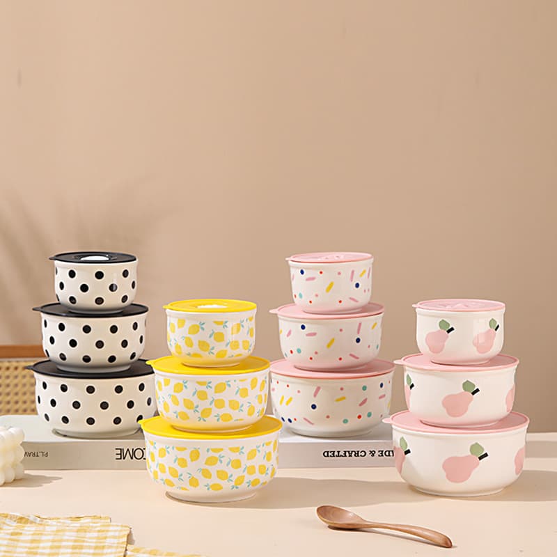 Ceramic Sealed Fresh-Keeping Bowl, Multi-Size Silicone Lid, Large Capacity Instant Noodle Bowl, Student Dormitory Lunch Box, High-Temperature Resistant Food Container