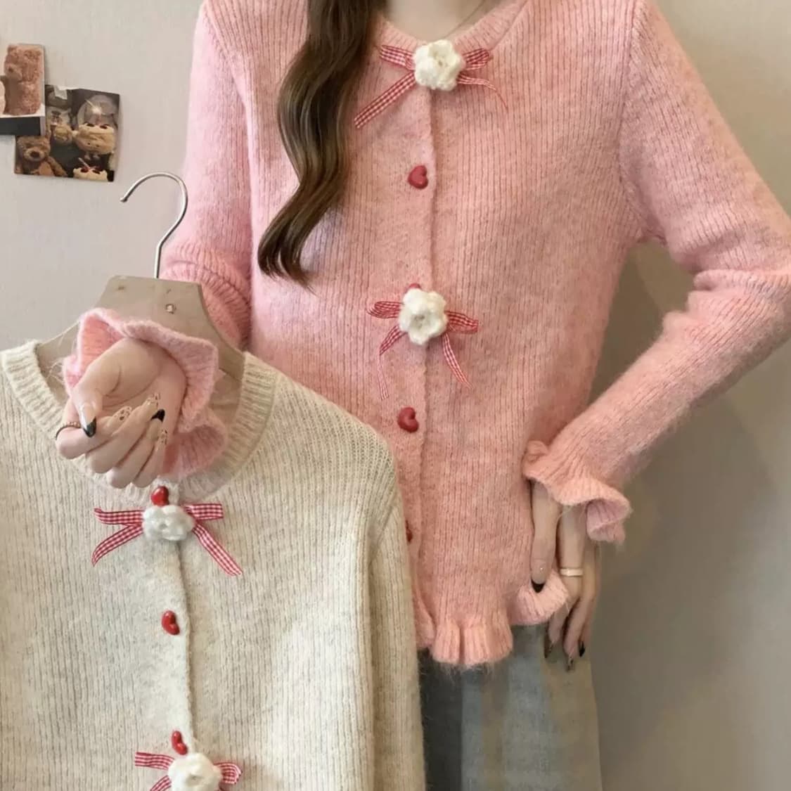 Korean Sweet Ruffle Bow Button Knit Cardigan Top Women's Soft Versatile Solid Color Sweater Coat