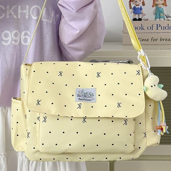 Low saturated cream yellow bow polka dot girly heart messenger bag student party holiday self-study crossbody bag tutoring bag