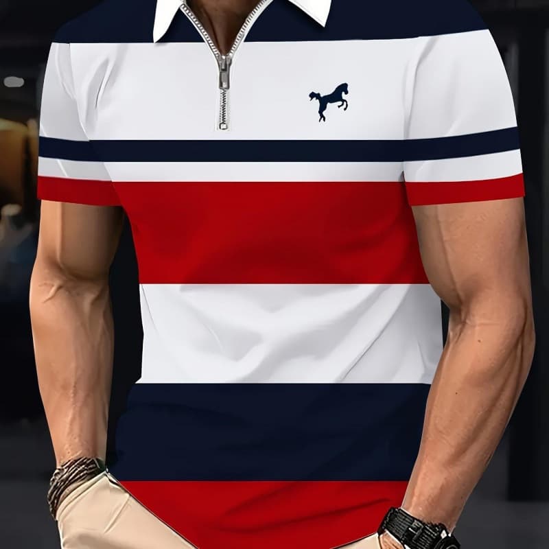 Men's Geometric Line Short Sleeve Zip Polo Shirt Short Sleeve Polo Shirt Polo Neck Shirt Business Casual