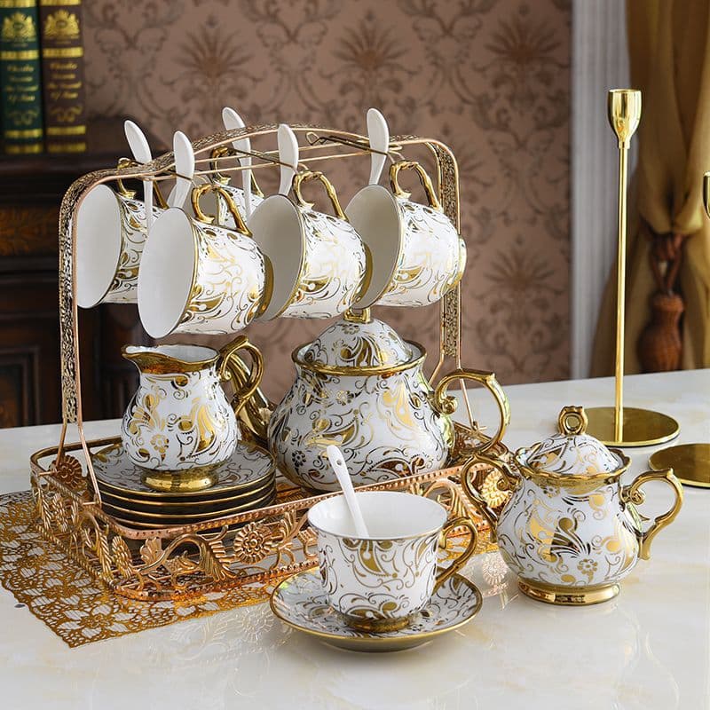 16-Piece European Gold-Plated Ceramic Tea and Coffee Cup Set, English Afternoon Tea High-End Home Decoration