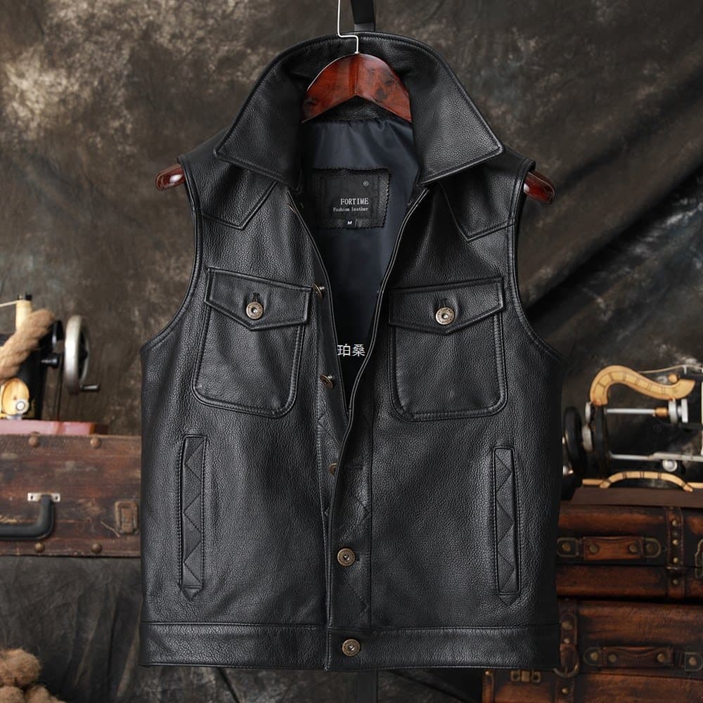 Spring/Autumn Denim Vest, Top-Layer Cowhide Motorcycle, Tough Guy Leather Jacket Riding Vest, Short Style Trendy Black