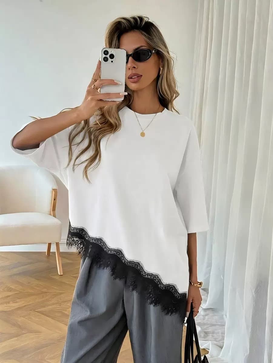 2026 Summer Cross-border Women's New Arrival Stylish Design Asymmetrical Hem Lace Patch Short Sleeve Plus Size T-Shirt Top