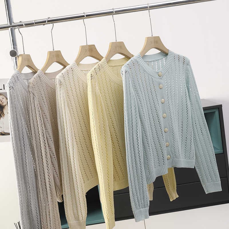 Hollow round neck knitted cardigan for women loose slimming long sleeve single breasted blouse sweater jacket