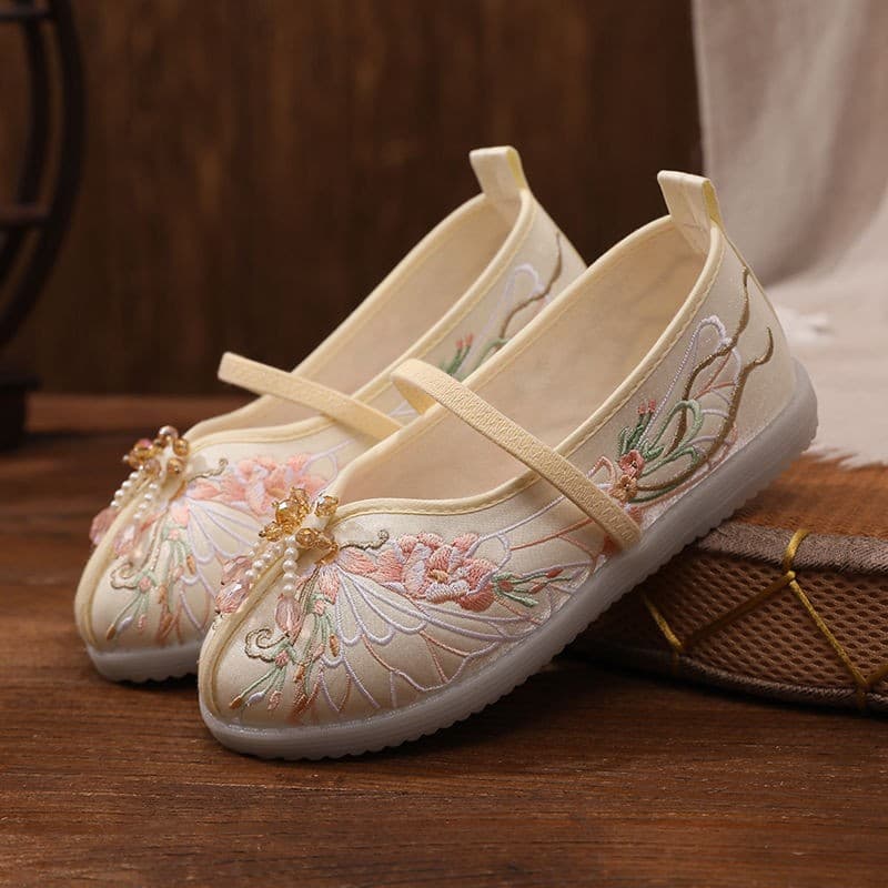 Yanyu Girls' Hanfu Shoes, Children's Horse Face Skirt Shoes, Chinese Style Hand-Embroidered Shoes, Ancient Costume Performance Shoes, Spring