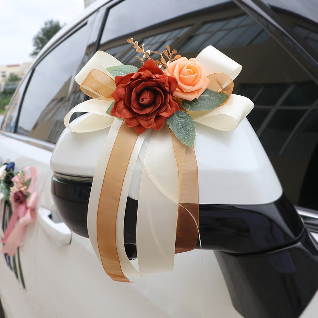 Wedding car rearview mirror decorations, door handle bow decorations, European and American retro artificial flowers, wedding chair back flower arrangements