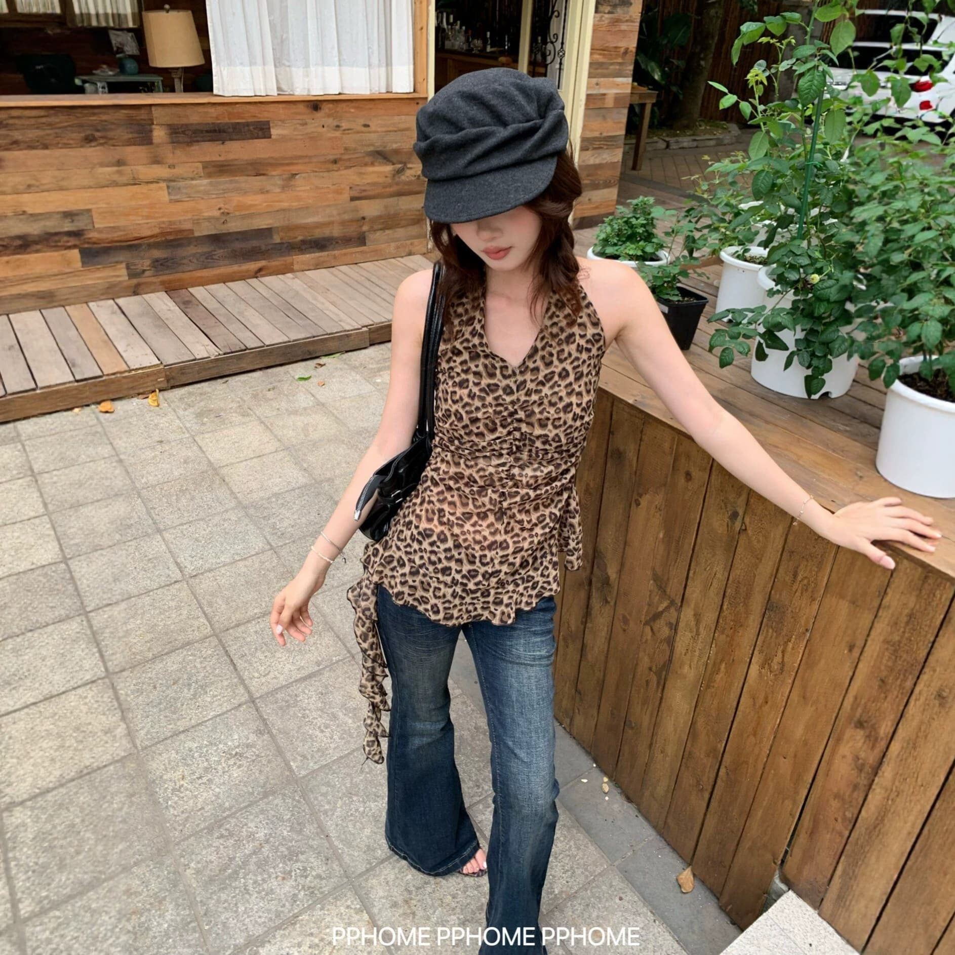American Retro Wild Leopard Print V-Neck Halter Vest Top for Women Summer Slim Fit Sexy Going Out Crop Top