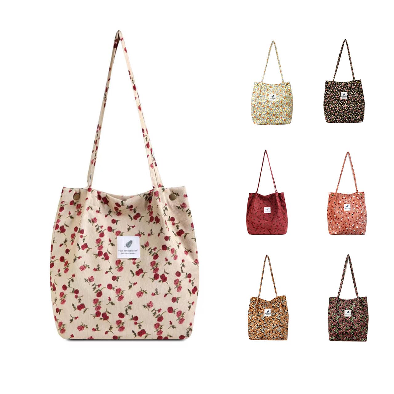 Women's Printed Tote Bag, Casual Korean Style, Large Capacity Corduroy Canvas Shoulder Bag, Travel Plush Handbag