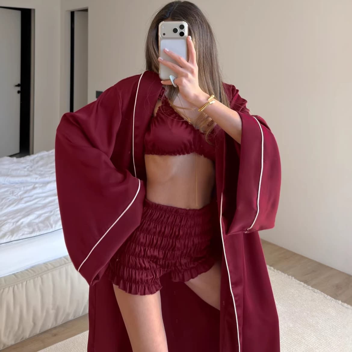 Satin Long Robe Camisole Underwear Shorts Loose Pajama 3-Piece Set 2026 European and American Spring Summer New Homewear
