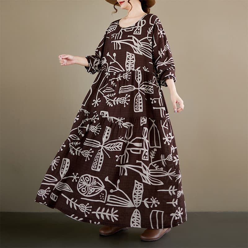 Women's Plus Size Dress 2026 Spring New Round Neck Long Sleeve Linen Cotton Vintage Pleated Middle-aged Mother's Dress Export Style