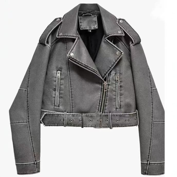 Short PU Motorcycle Leather Jacket for Women, Turn-down Collar, Slim Fit Petite Leather Jacket, Cross-border Supply, Drop Shipping, No Gender-neutral Label