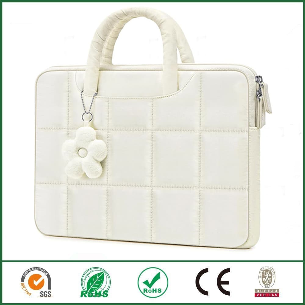 13.3 Inch Laptop Bag Puffy Laptop Sleeve with Handle Flower Pendant Rectangular Quilted Bag