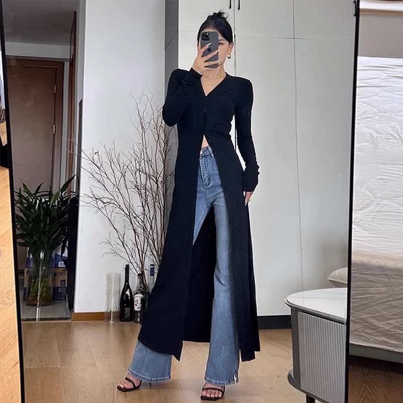 Core-spun Yarn Long-Sleeve Knit Top Women's Base Layer Long Cardigan Coat Warm Sweater for Autumn and Winter