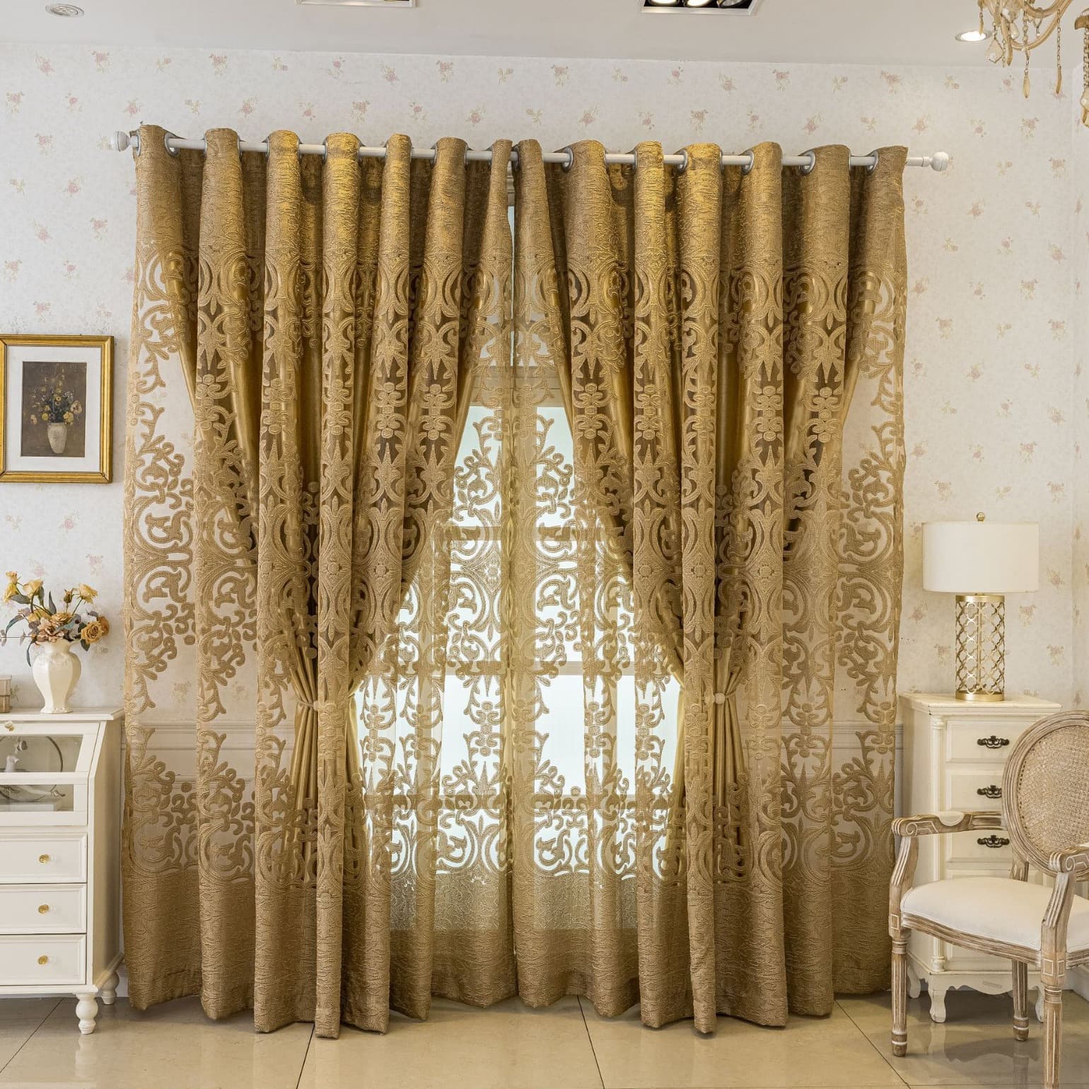 Cross-border European-style Finished Hollow Double-layer Blackout Gold Curtain Window Sheer Fabric Jacquard Wholesale for Living Room Bedroom