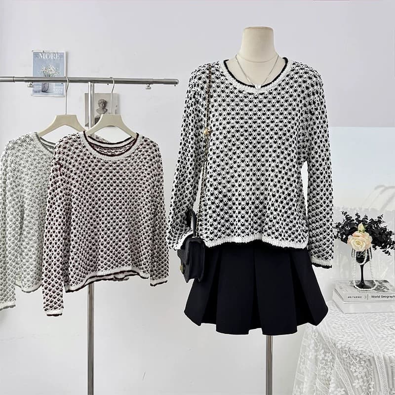 Color-block Round Neck Hollow Long-sleeve Knit Sweater for Women, New Autumn/Winter Style, Loose-fitting Casual Layering Top
