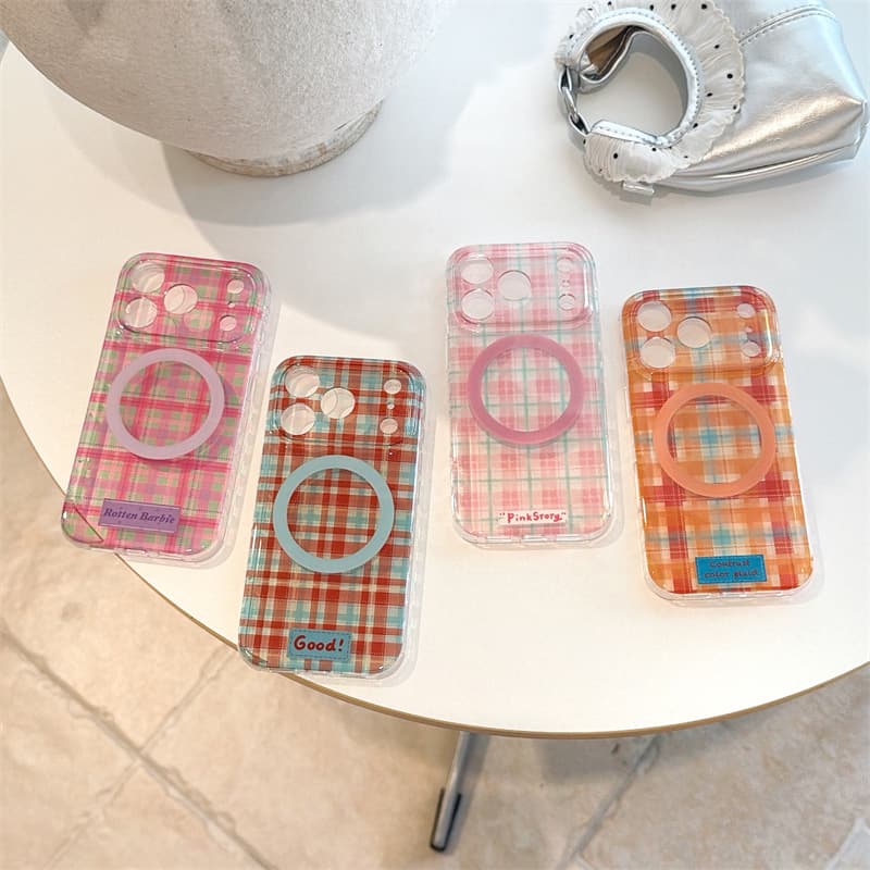 Magnetic retro translucent contrasting plaid suitable for iphone17Promax apple 16 double layer 15 mobile phone case for girls