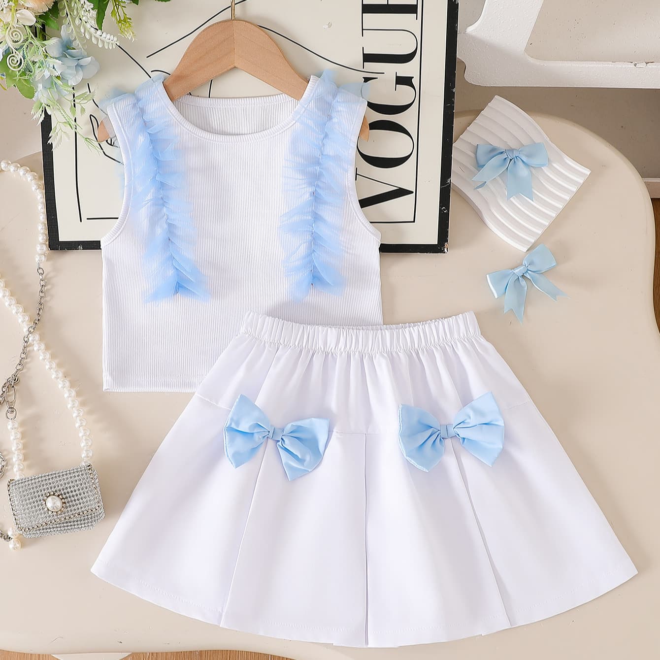 Girls Contrast Color Mesh Sleeveless Vest Pleated Skirt Two-piece Summer Children's Three-dimensional Bow Casual Suit