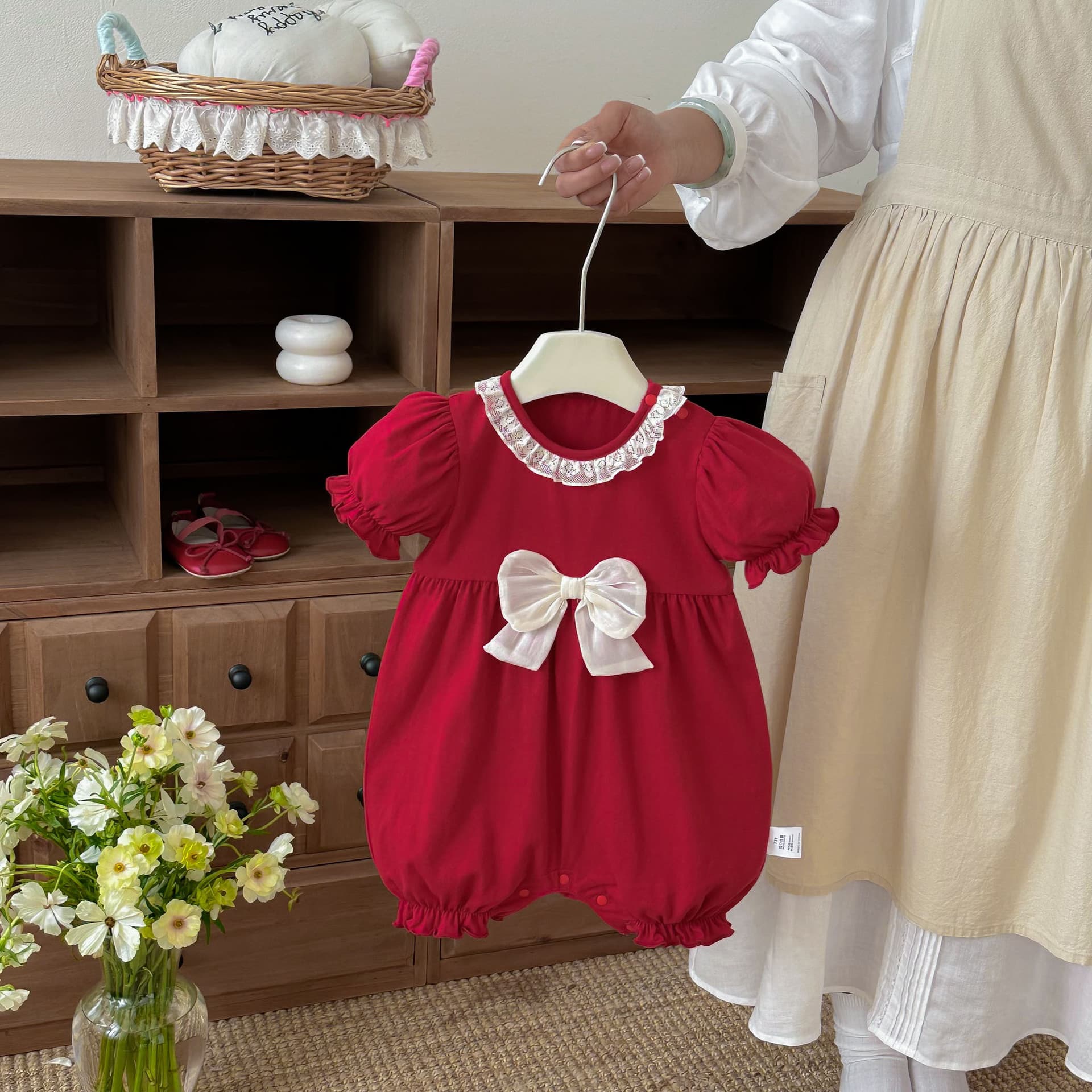 Baby clothes summer thin baby girl jumpsuit festive red 100th anniversary dress newborn bag fart cotton