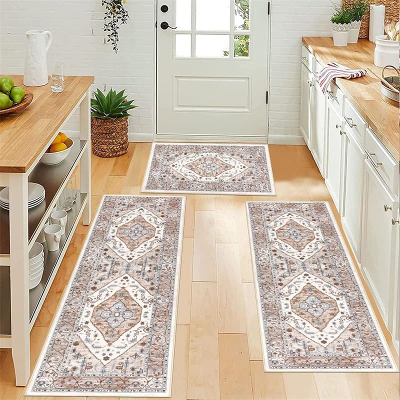 Cross-border Retro Bohemian Kitchen Floor Mat 3-Piece Set, Hallway Entryway Wear-resistant Easy-to-Clean Long Decorative Doormat
