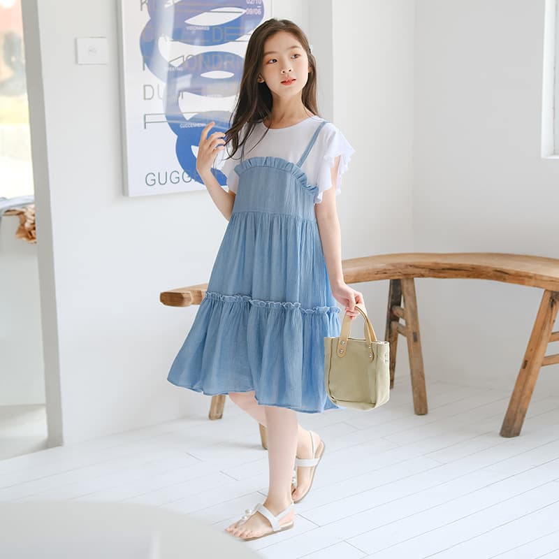 Girls' Fake Two-Piece Dress Children's Summer Thin Princess Skirt Fashionable Layered Short Sleeve Pure Cotton Dress