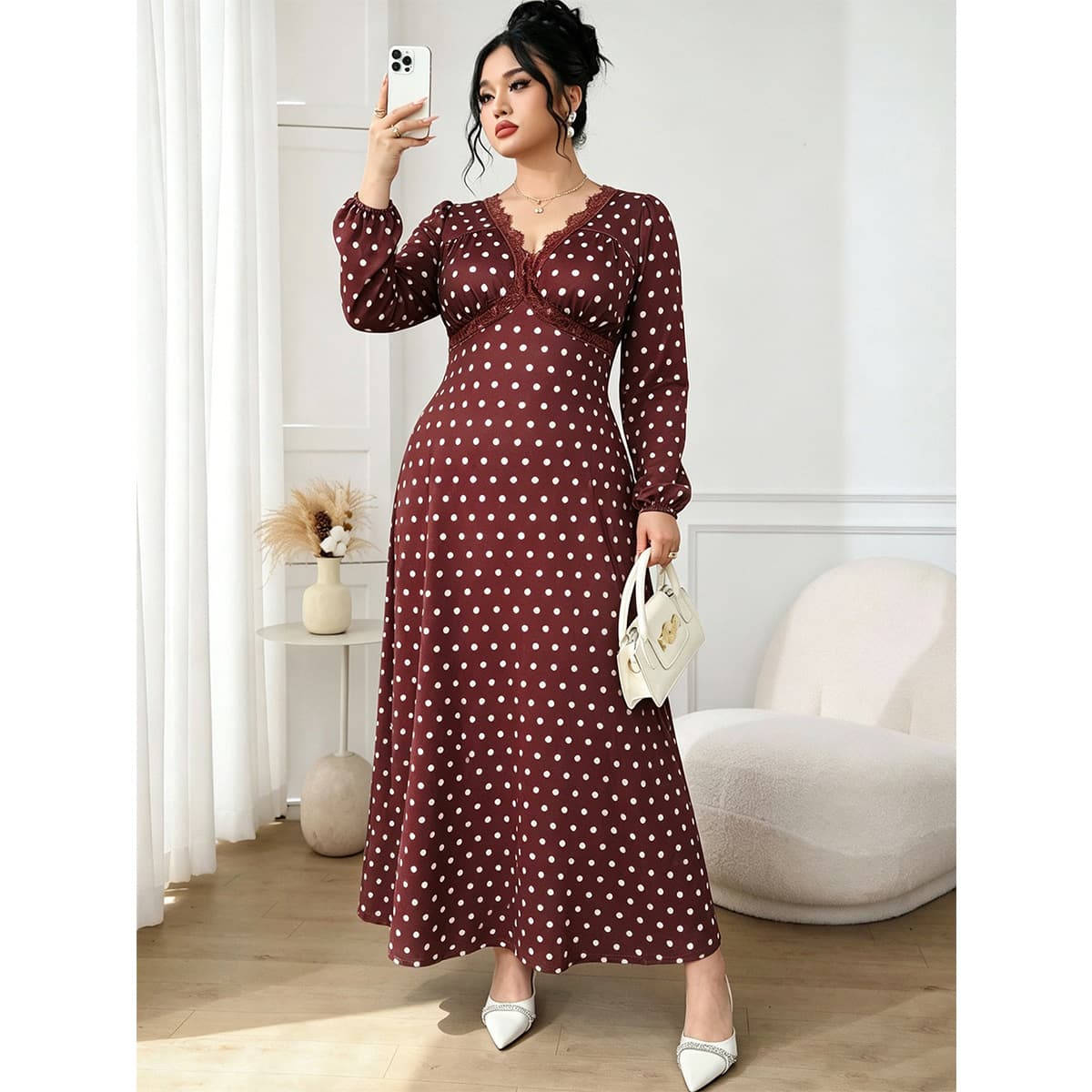 European and American Plus Size Vintage Polka Dot Dress Women Autumn Lace V-neck Fitted Long Dress Slimming Long Sleeve Dress