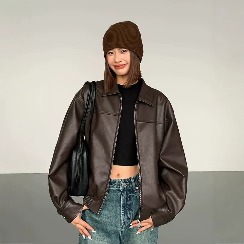 European and American cross-border casual loose PU leather jacket for women, 2026 autumn and winter new Hong Kong style retro motorcycle jacket coat for women