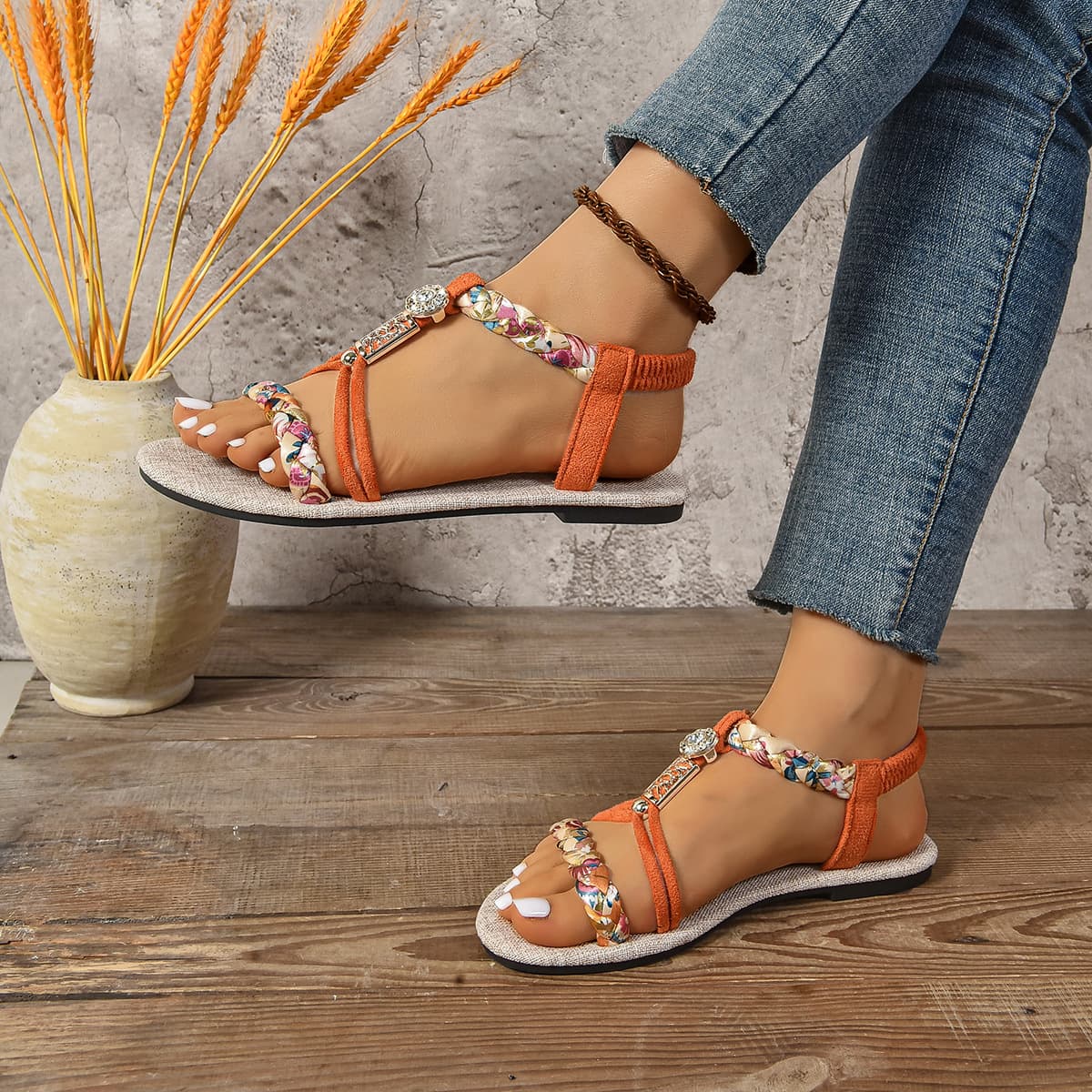 Bohemian Sandals Export Large Size Wedge Heel Woven Color-Block Roman Sandals European and American New Fashion Versatile Women's Shoes