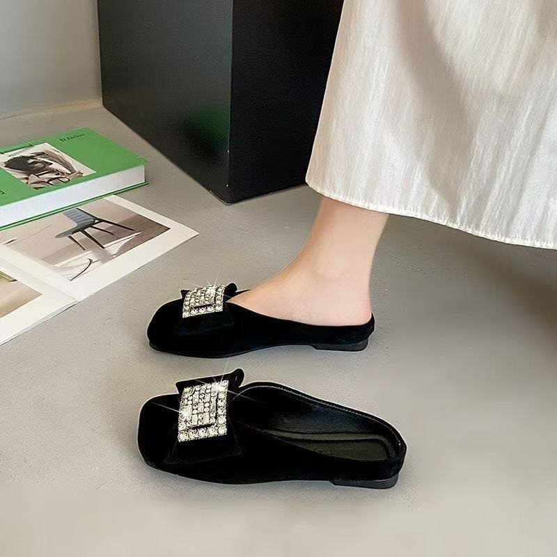Women's Fashion Closed-Toe Mules 2025 Summer New Outdoor Versatile Rhinestone Square Toe Flat Shoes Trendy Going Out