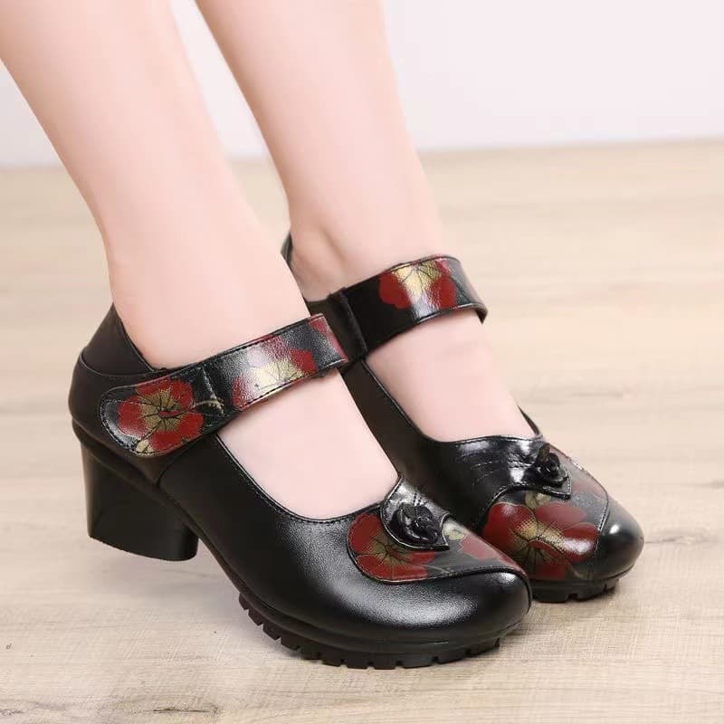 New Spring Autumn Genuine Leather Women's Shoes Ethnic Style Middle Thick Soft Bottom Single Shoes Comfortable Anti-Slip For Mid