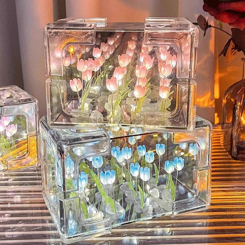 diy tulip flower sea night light rectangular mirror couple girlfriend valentine's day diy light gift box bouquet glow