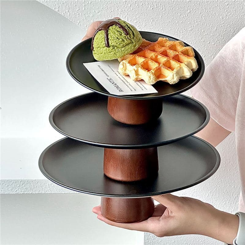 Black High-Leg Tea Snack Tray Coffee Table Snack Display Tray Premium Stainless Steel Fruit Plate Candy Dessert Plate