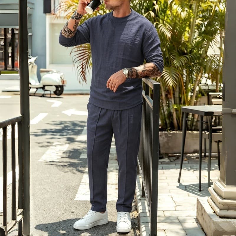 Cross-border European and American New Style 2026 Men's Linen Long Sleeve Long Pants Round Neck Set Vacation Casual Wear