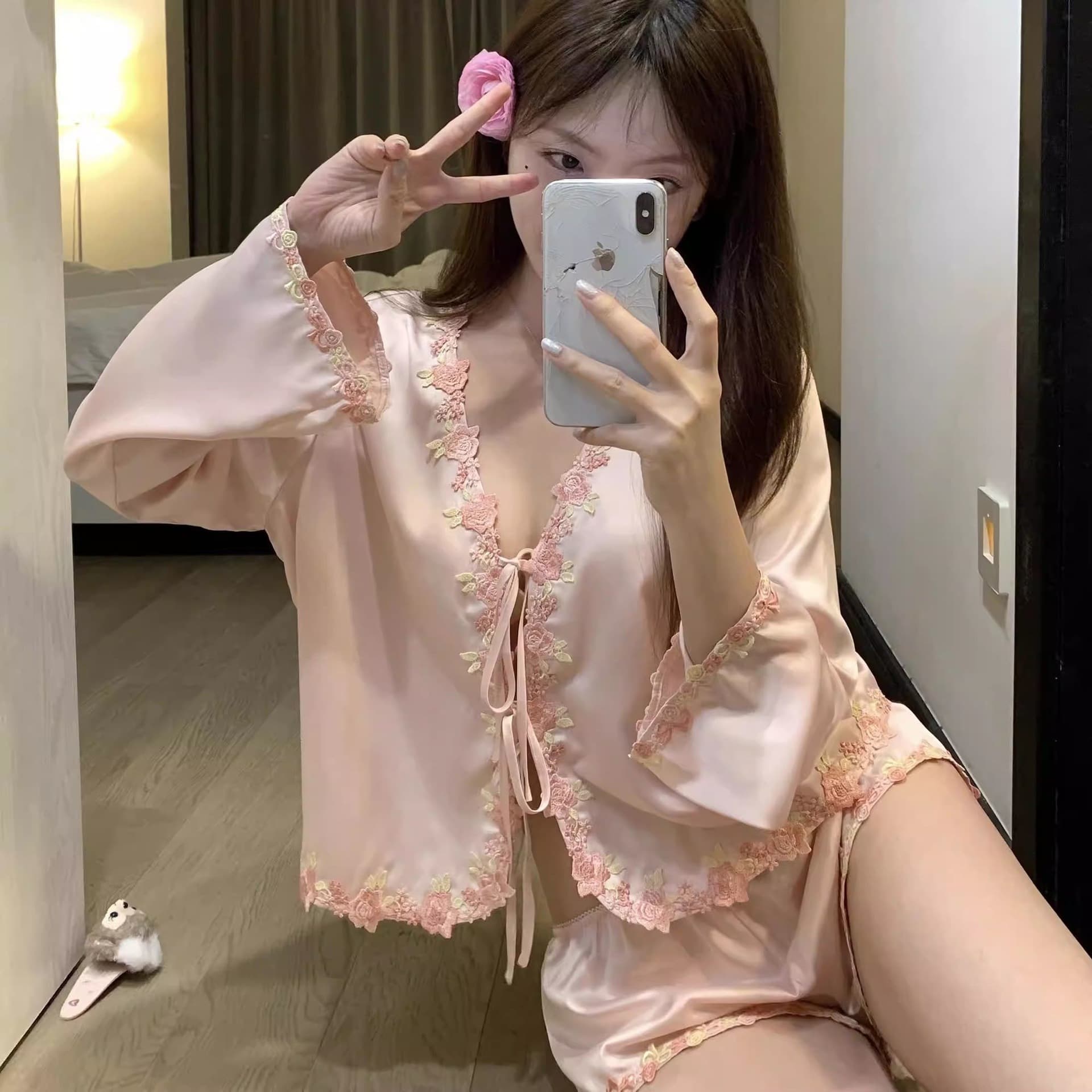 Pink lace sexy satin ice silk pajamas for women summer 2026 new pure lust style suit home wear summer