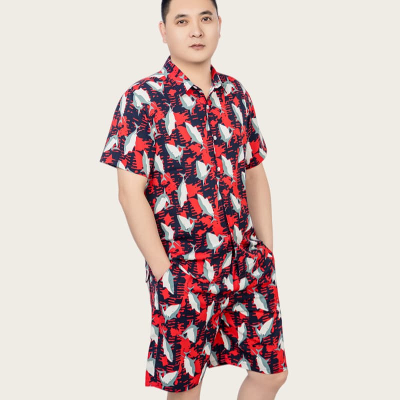 Imitation Silk Beachwear Set Printed Short Sleeve Shirt Homewear Couple Thin Breathable Beachwear for Men