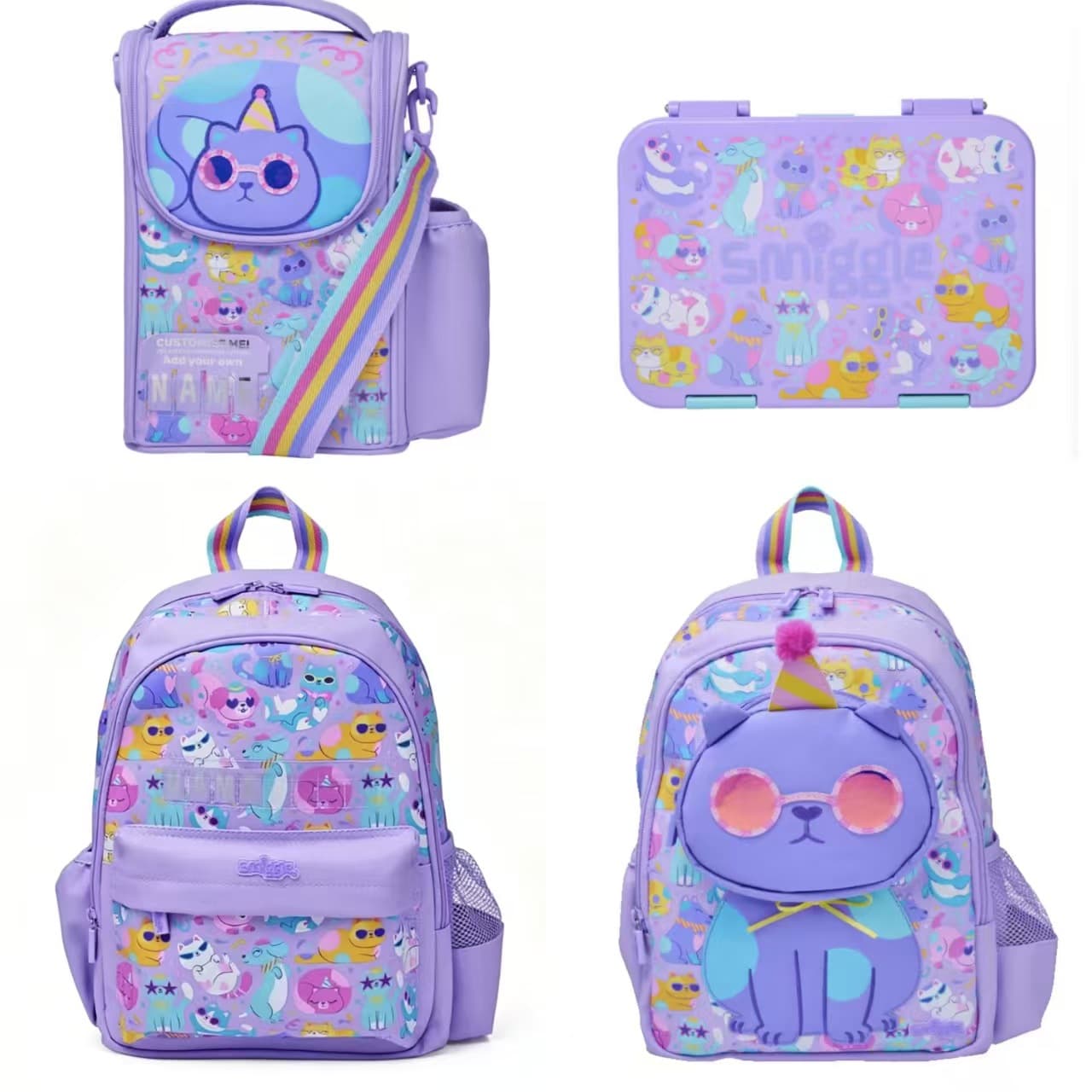 Australian Smiggle Backpack for Primary School Students, Kids Casual Bag, Purple Birthday Hat Cat Set Series