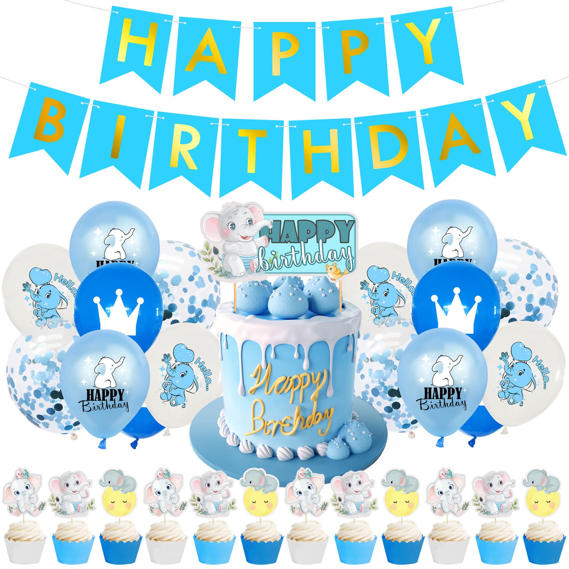Blue and Pink Elephant Balloon Flag Set to Welcome Baby Party Happy Birthday Theme Party Decoration