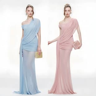 Vietnamese minimalist gentle style one-shoulder draped fitted slimming trailing tulle dress, flowing long dress for seaside vacation