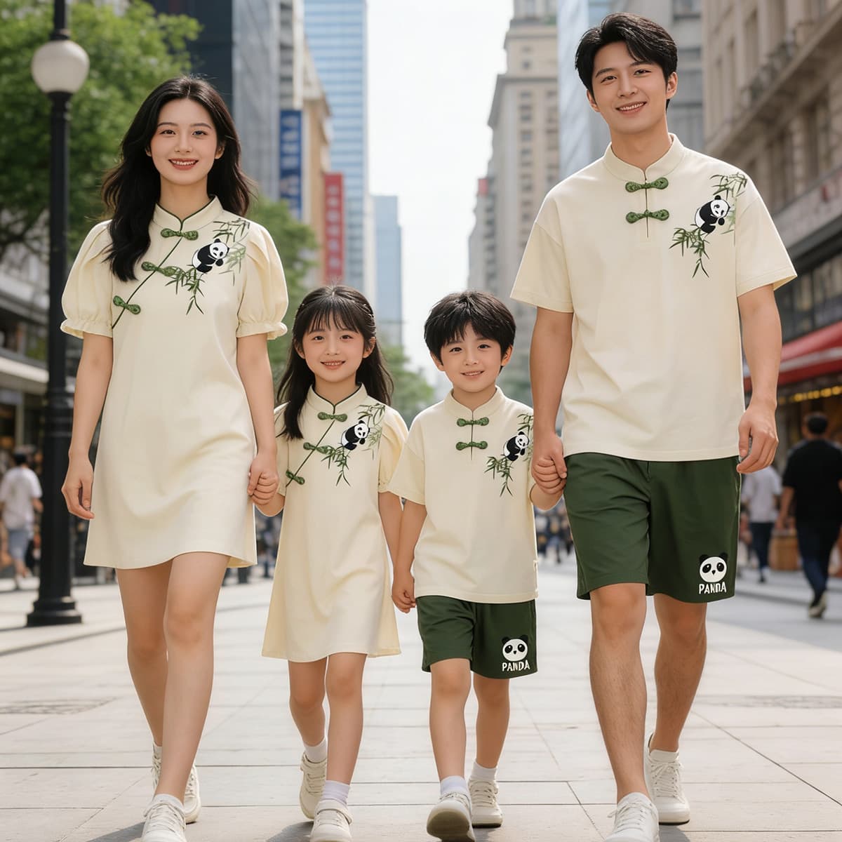 Chinese-style Family Matching Summer Tang Suit Set Panda Polo Shirt Short Sleeve Mother-Daughter Dress Trendy